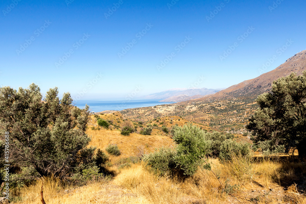 Rethimno prefecture - Panoramic view of Cape Melissa coast, beautiful area of the Vouvala Mountain. Crete, Greece
