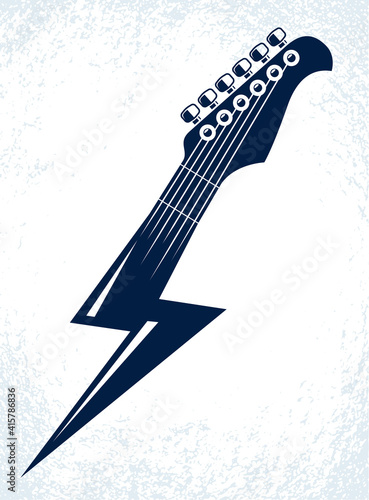 Electric guitar headstock in a shape of lightning, hot rock music, Hard Rock or Rock and Roll concert or festival label, night club live show band performance, vector logo.