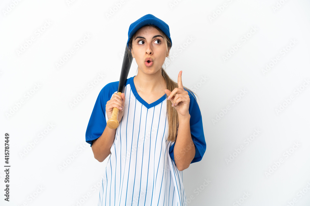 Young caucasian woman playing baseball isolated on white background thinking an idea pointing the finger up