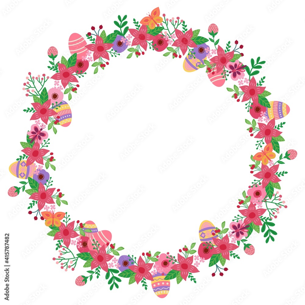 Easter wreath made of cute eggs, flowers and butterflies. Hand-drawn style. White background, isolate. Vector illustration.