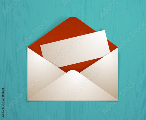 Postal envelope with blank card over wooden background realistic vector paper illustration, graphic design element message greeting mail.