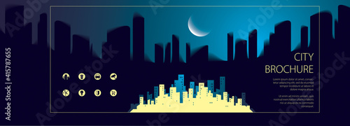 Night wide panorama simple city traveling tourist guide book. Brochure, flyer, cover, poster or guidebook template. Vector modern illustration.