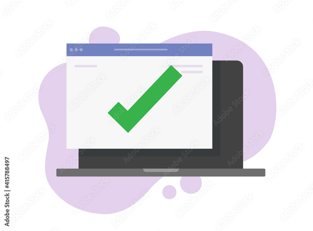 Internet web site with check mark on computer pc or online voting concept vector flat cartoon illustration, idea of digital electronic correct answer, choice checkmark tick, approved or checker tech Internet web site with check mark on computer pc or online voting concept vector flat cartoon illustration, idea of digital electronic correct answer, choice checkmark tick, approved or checker tech