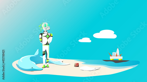 Robot look at the sea, which is polluted with oil products, and there is garbage on the shore.