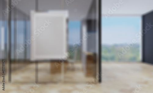 designer furniture in the reception. office with large windows. home style. Sunset. 3D rendering. Abstract blur phototography photo