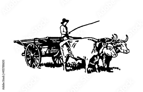 The farmer is riding a cart.