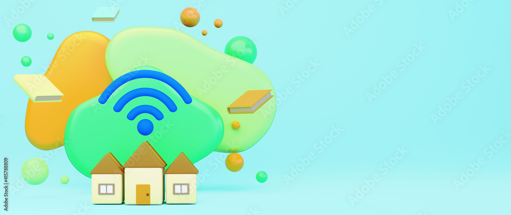 Digital Online Education. 3d of wifi symbol and books about learning on phone, computer. social distance concept. Classroom Online internet network.