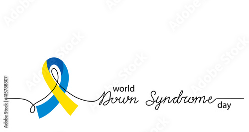World Down Syndrome Day simple vector background, banner, poster with yellow and blue ribbon symbol. Lettering Down Syndrome