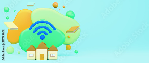 Digital Online Education. 3d of wifi symbol and books about learning on phone, computer. social distance concept. Classroom Online internet network.