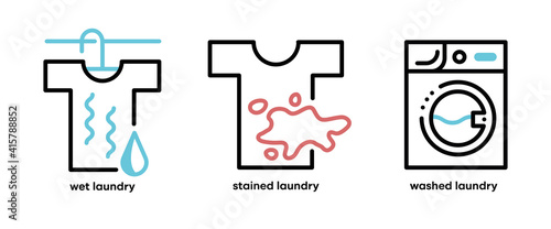 Set of washing and laundry icons. Such Icons include topics such as wet hanging, dirty laundry and washing machine. Colorful wash icon set. Editable Stroke. Logo, web and app and similar icon design.