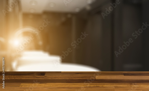 Background with empty table. Flooring. Hotel bathroom peeing toilet. 3D rendering.. Sunset.