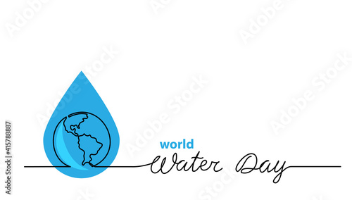 World water day vector one line illustration with aqua drop and planet. Minimal background, banner, poster with lettering Water Day