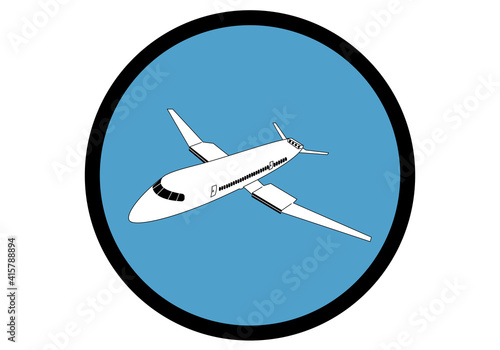 Icono de avión blanco sobre cielo azul y dentro de un círculo negro