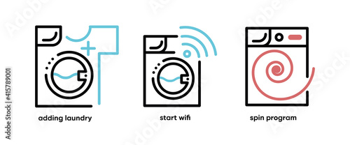 Set of washing and laundry icons. This type of Icons includes topics such as adding clothes, starting wifi and spinning schedule. Colorful wash icon set. Editable Stroke. Logo, web and app.