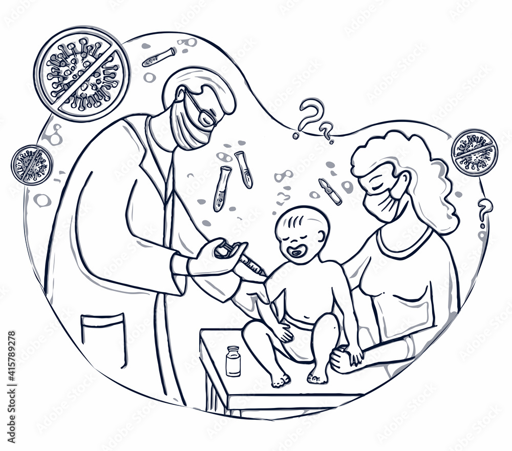 Vaccination babies. Doctor makes a shot of vaccine to a baby boy and a mother. Vector line art in doodle style.