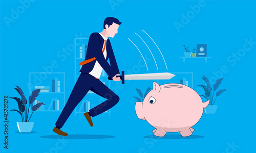 Using savings - Businessman destroying money box to use saved up money. Economic problem and difficulty concept. Vector illustration.