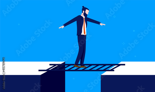 Businessman bridging the gap - Man walking and balancing on ladder over dangerous cliff. Business challenge and risk concept. Vector illustration.