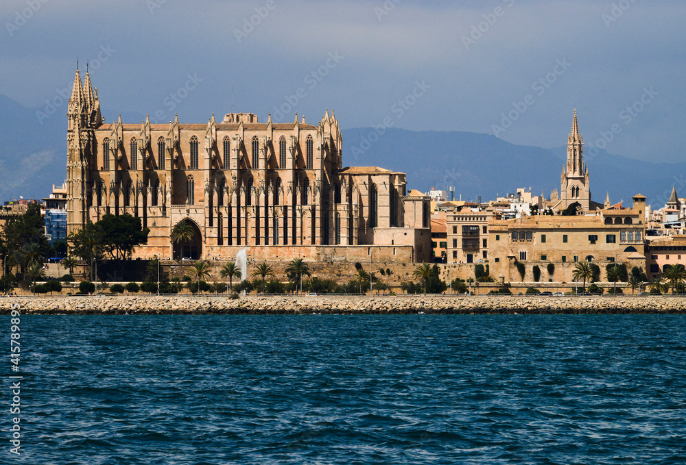 View of Palma Cathedral and blue sea