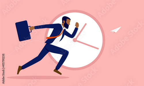 African American businessman running in front of clock - Business deadline and efficient concept. Vector illustration.