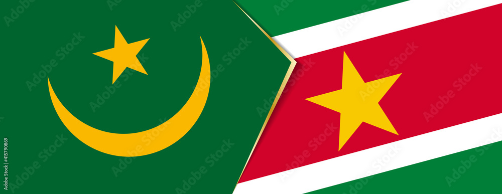 Mauritania and Suriname flags, two vector flags. Mauritania and Suriname flags, two vector flags.