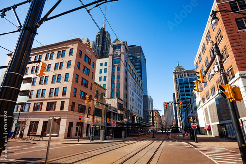 Streetcar tram line on the main street in Buffalo, NY, USA photo