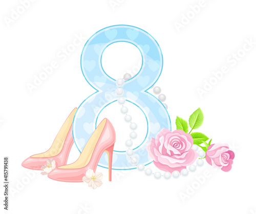 Eight Number, Bead Necklace and High Heeled Shoes as International Women s Day Holiday Attribute Vector Composition