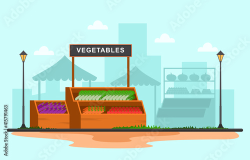 Healthy Fruit Vegetable Store Stall Stand Grocery in City Illustration