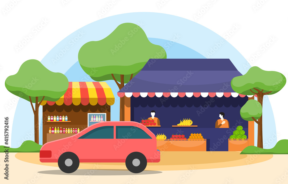 Roadside Fruit Vegetable Store Stall Stand Grocery in City Illustration