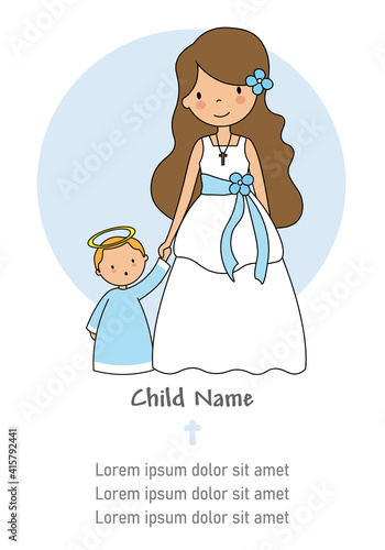 My first communion girl. Girl next to an angel. Isolated vector