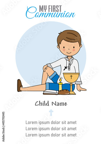 My first communion boy. Boy sitting with a bible and chalice. Isolated vector