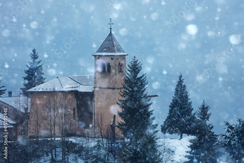 Close photo of old village church in Champagny-en-Vanoise in French, Auvergne-Rhone-Alpes