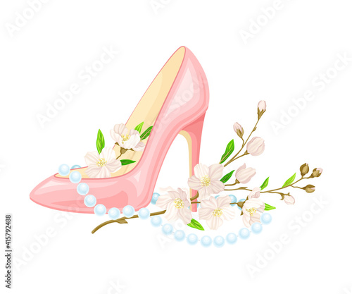 High Heeled Pink Shoe with Blooming Flowers and Bead Necklace as International Women s Day Holiday Symbol Vector Illustration