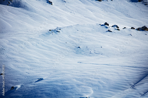Snow surface lines high in the mountain after strong snowfall