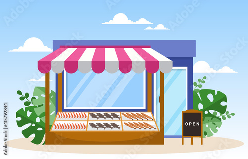 Fresh Fruit Vegetable Store Stall Stand Grocery in Market Illustration