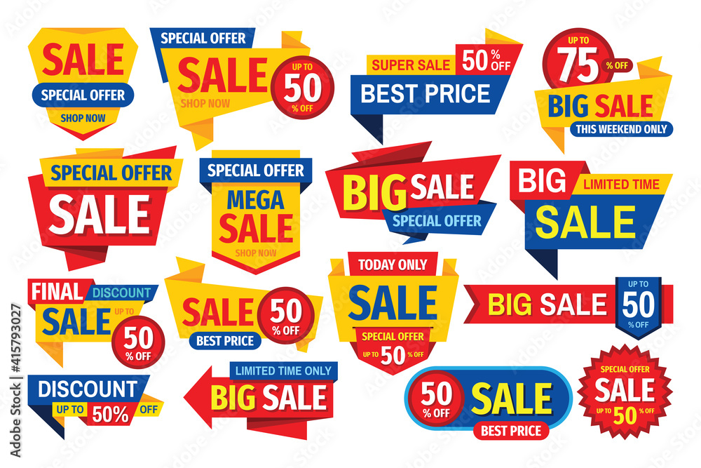 Obraz premium Sale tag design badge set. Discount abstract banner collection. Special offer, best price concept stickers. Clearance graphic messages. Vector illustration.