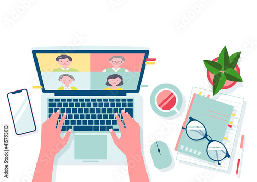 overhead view of the working desk (web conference)- vector illustration with copy space