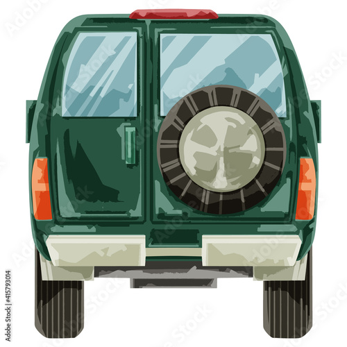 手描き水彩風クロスカントリー自動車イラスト（後ろ）

