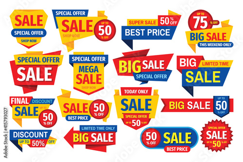 Sale tag design badge set. Discount abstract banner collection. Special offer, best price concept stickers. Clearance graphic messages. Vector illustration.
