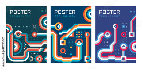 Digital technology poster background design set. Electronic network vector banner. Database communication. Booklet presentation cover. Block chain web connection. Internet data infograhic. 