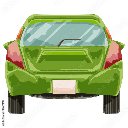 手描き水彩風ハイブリッド自動車イラスト（後ろ）