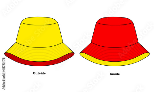 Reversible Bucket Hat with Yellow-Red Template on White Background, Vector File.