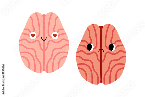 Cute brains characters with smiling and sad face. Funny kawaii human internal organ with eyes. Healthy and illness insides, brain disease. Neurobiology. Vector flat cartoon illustration