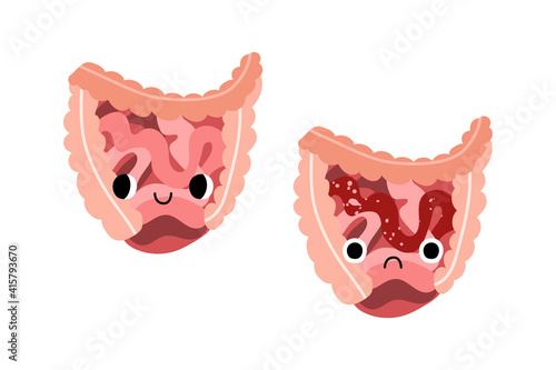 Cute intestines characters with smiling and sad face. Funny kawaii human internal organ with eyes. Healthy and illness gut, colon disease. Gastroenterology. Vector flat cartoon illustration