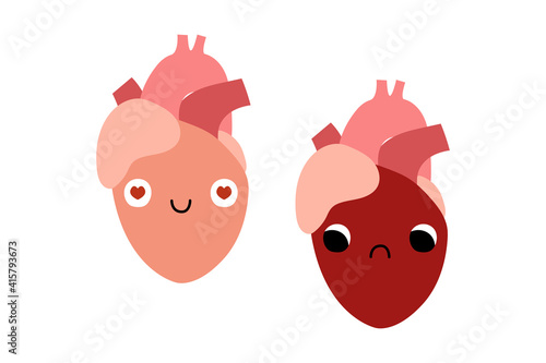 Cute hearts characters with smiling and sad face. Funny kawaii human internal organ with eyes. Healthy and illness insides, cardiovascular disease. Cardiology. Vector flat cartoon illustration