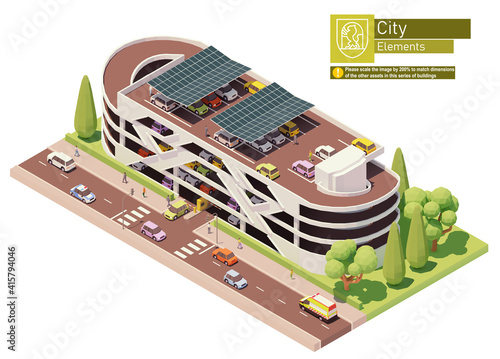 Vector isometric multistorey car park building. Concrete multilevel car parking garage building