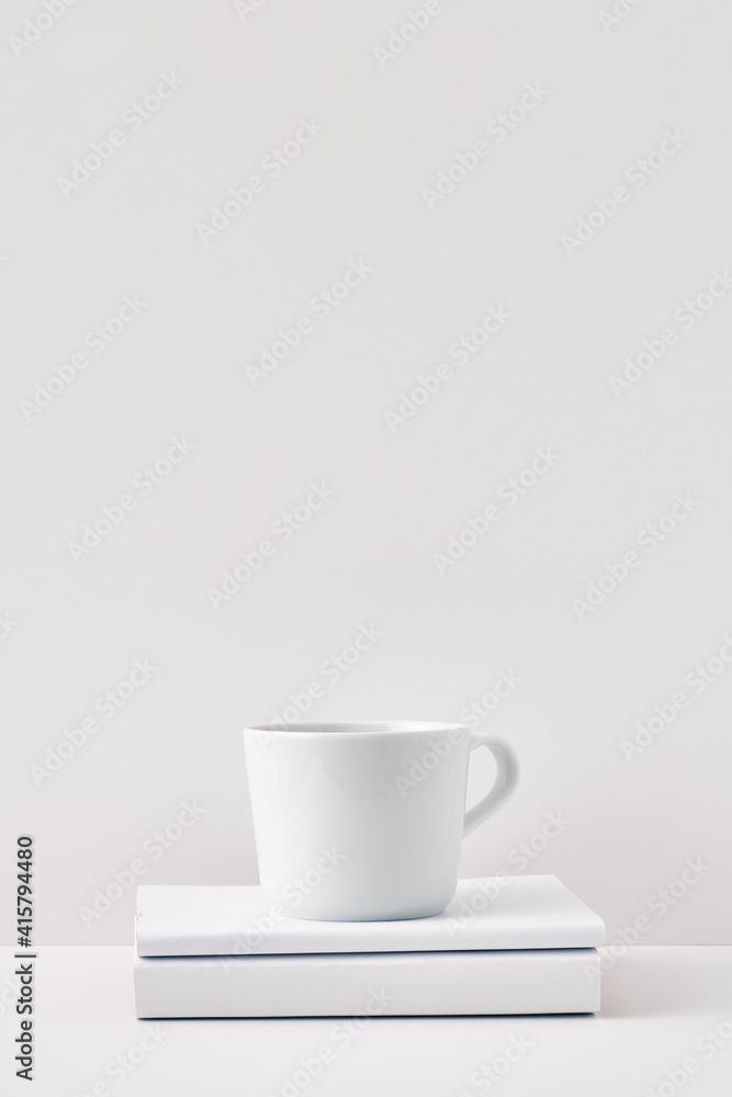 The mug stands on a stack of books on a white background. Natural and eco-friendly materials. Copy space, mock up