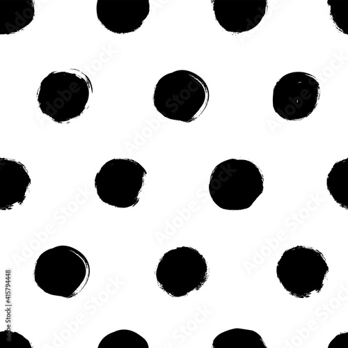 Polka dot grunge seamless vector pattern. Circle brushstrokes and rounded shapes. Hand drawn abstract ink background. Smears, circles, dots, splotches, blobs. Abstract wallpaper design, textile print