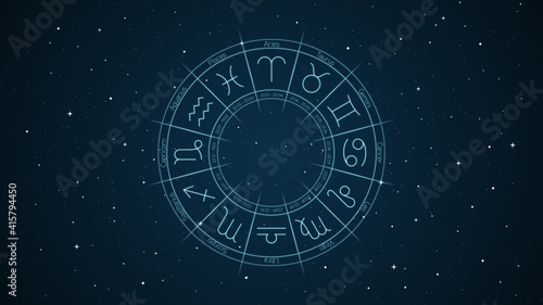 Neon glow astrological horoscope in space with stars wallpaper. Prediction of the future zodiac background.