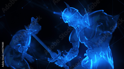 Fotografia 3d rendered illustration Digital Warrior Barbar Fights Green Digital Cyber Space