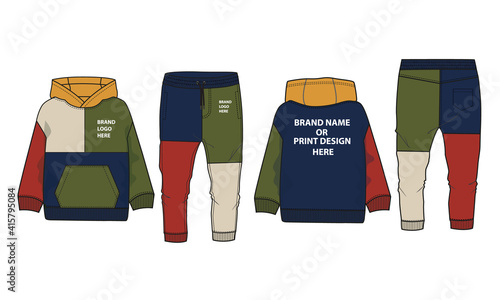 Multicolor Block Hoodie Jacket & Jogger Set Vector Mockup Template Isolated on white background.